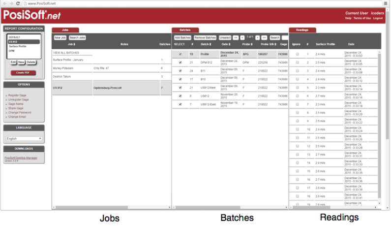 PosiSoft.net's simple interface displays your jobs, batches and readings